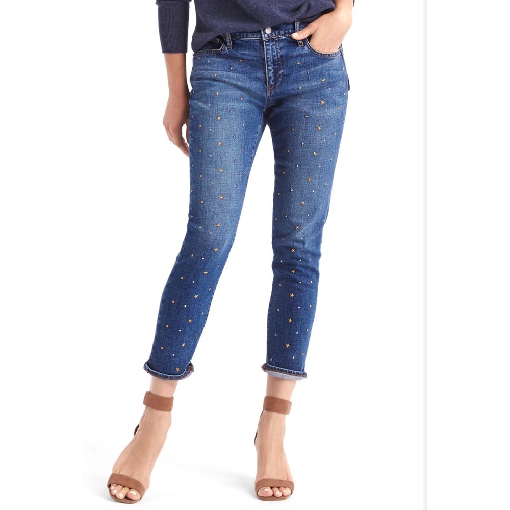 Gap Dark Wash Blue Denim Jeans Best Girlfriend Star Studded Size 33 - Picture 1 of 6